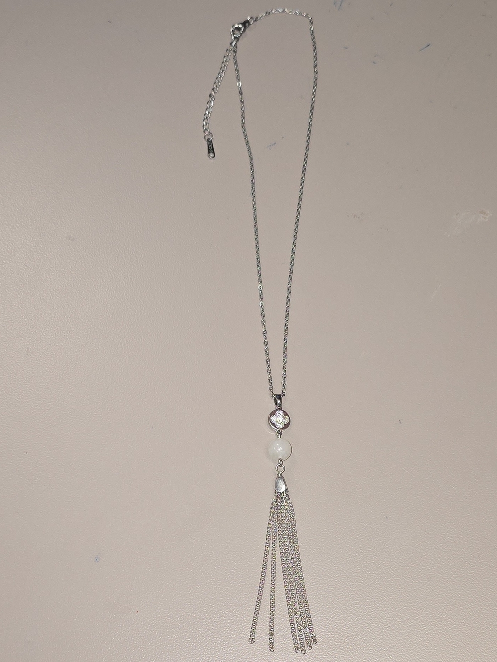 NWOT Silver over Stainless Steel Tassel Pendant Necklace 18" Faux Pearl
